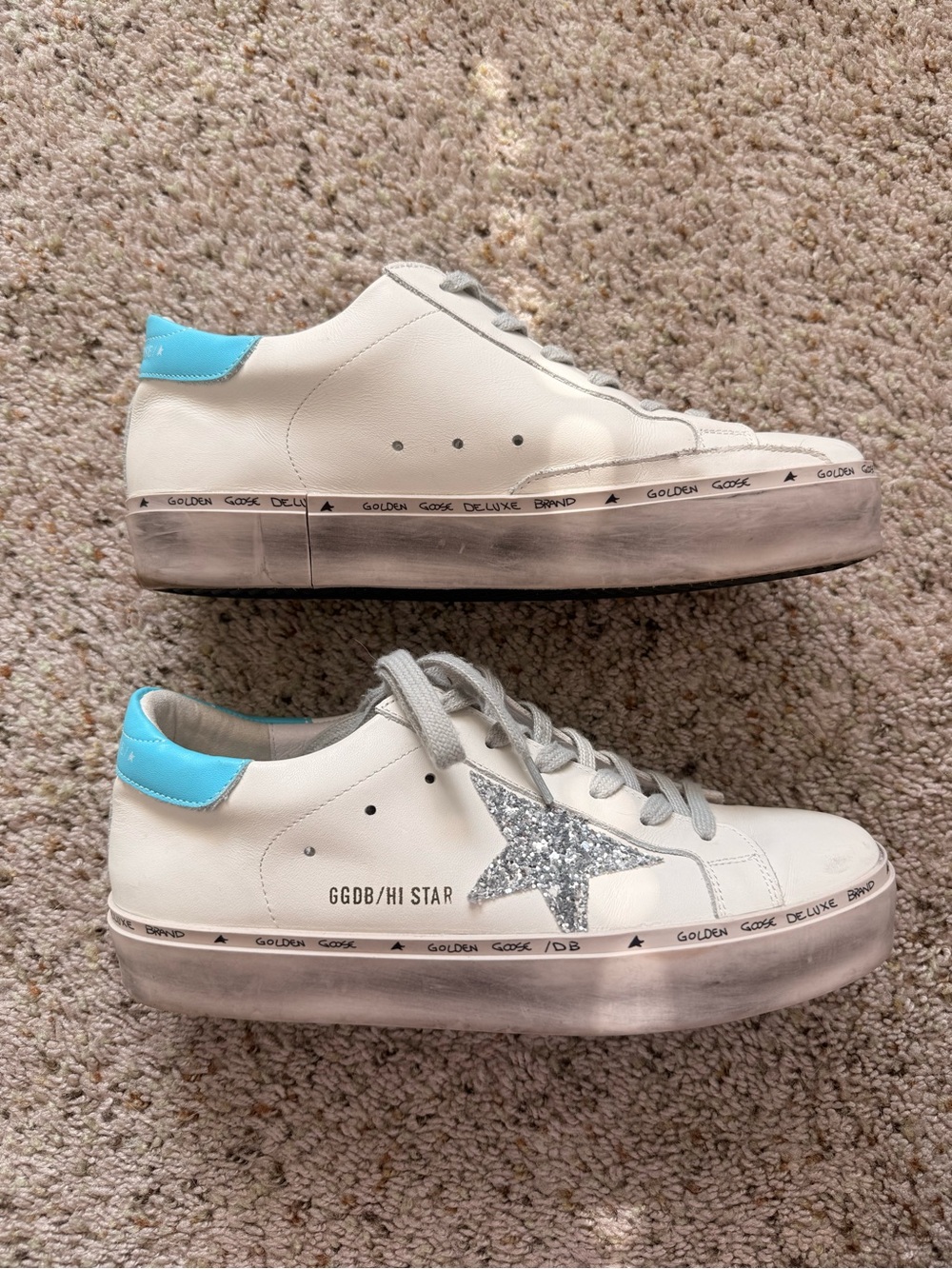 Golden Goose White Leather Sneakers with Silver Glitter Star and Blue Heel Tab